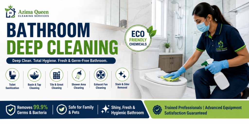 Bathroom Deep Cleaning by Azima Queen using eco-friendly cleaning chemicals and advanced equipment to remove hard water stains, germs, mold, and bacteria