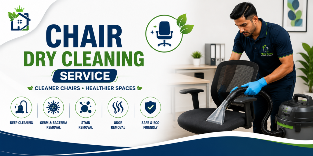 Chair Dry Cleaning Service by Azima Queen using advanced upholstery cleaning machines and eco-friendly cleaning chemicals for fabric and office chairs.