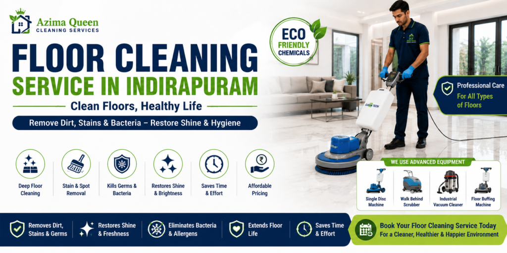 Floor Cleaning Service in Indirapuram by Azima Queen using advanced floor scrubbing machines and eco-friendly cleaning chemicals.