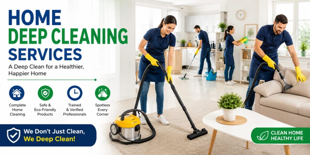 Home deep cleaning with trained cleaners vacuuming sofas, cleaning floors, and sanitizing a modern home.