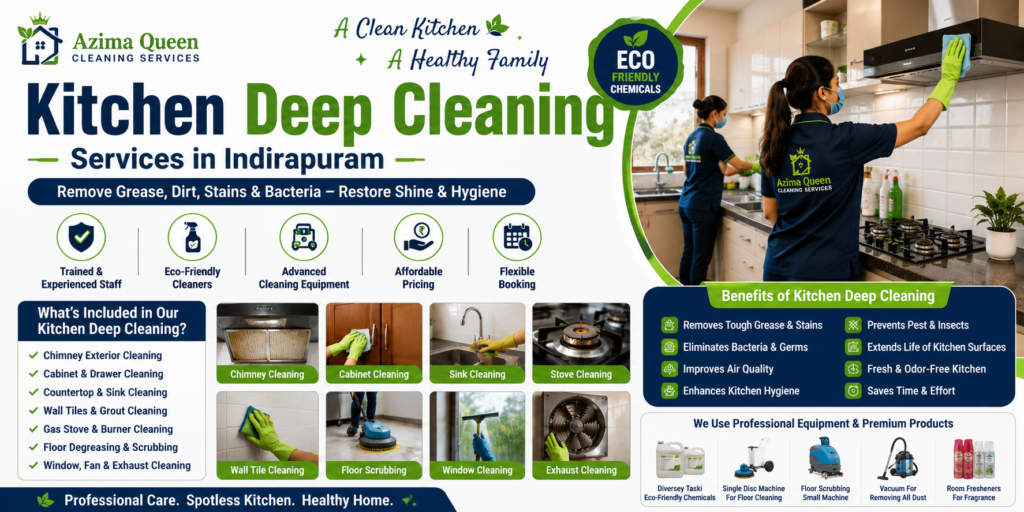 Kitchen Deep Cleaning by Azima Queen using eco-friendly chemicals and advanced cleaning equipment for grease, stain, and bacteria removal.