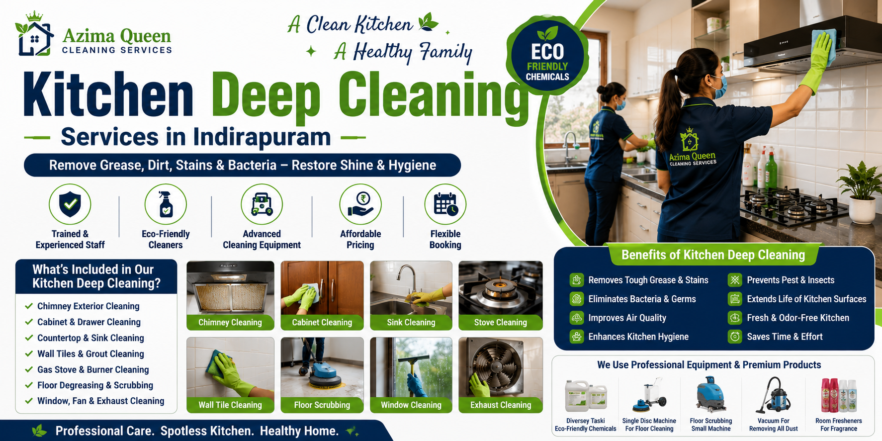 Kitchen Deep Cleaning by Azima Queen using eco-friendly chemicals and advanced cleaning equipment for grease, stain, and bacteria removal.