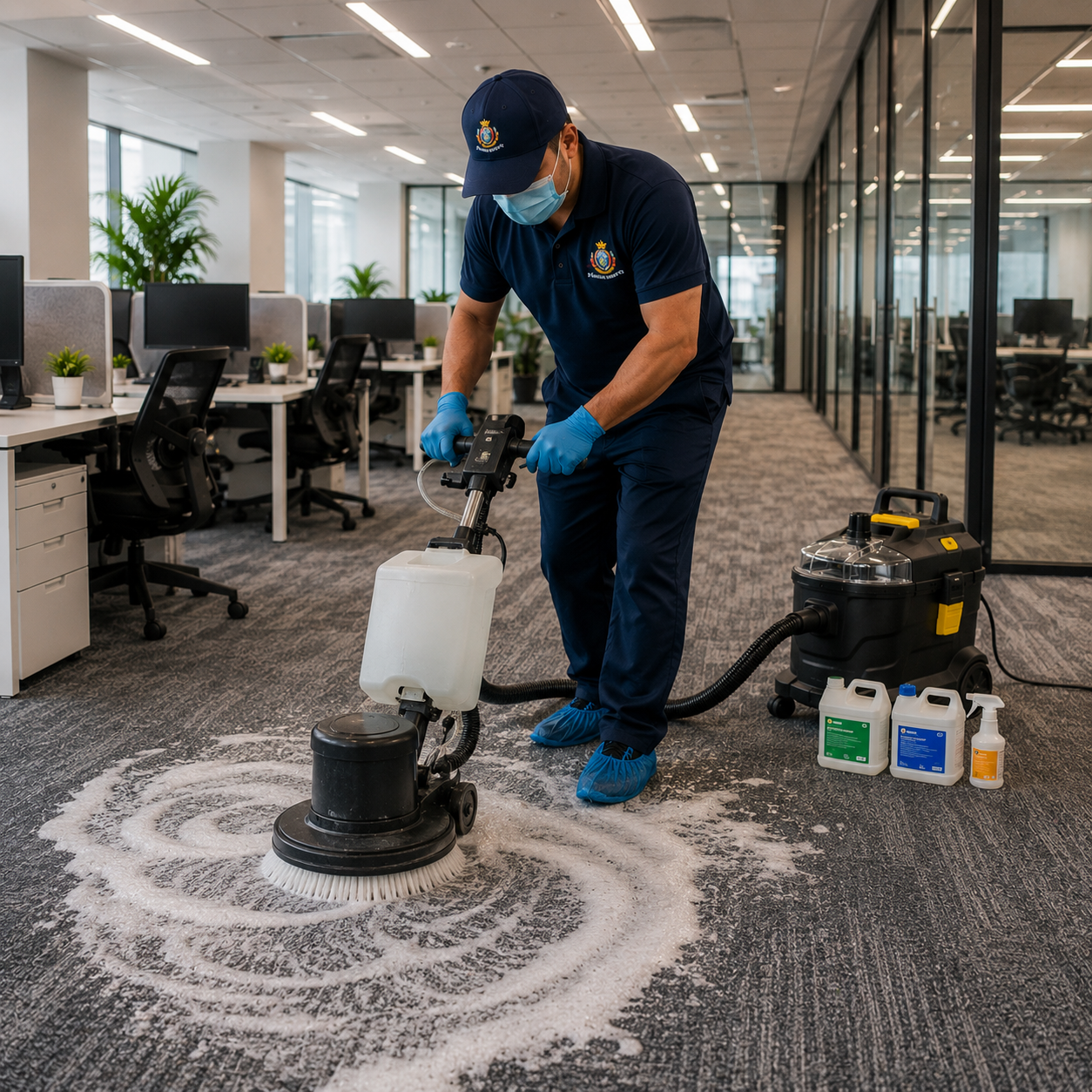 Professional Office Carpet Dry Cleaning Services by Azima Queen using advanced TASKI cleaning machines and eco-friendly chemicals.