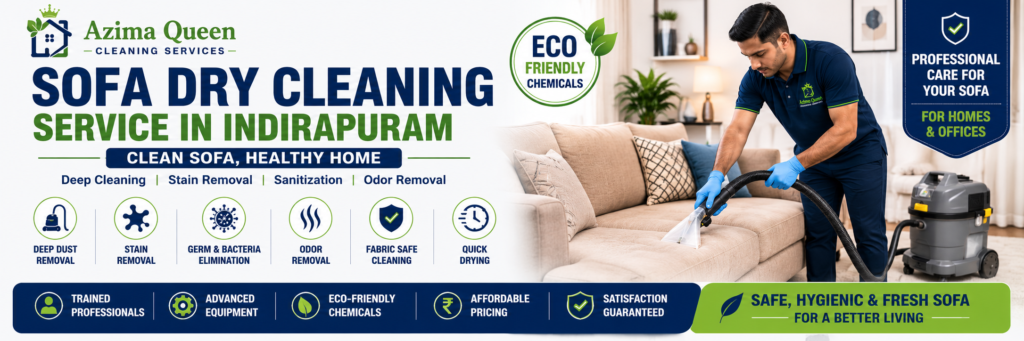 Sofa Cleaning Service in Indirapuram by Azima Queen using advanced upholstery cleaning machines and eco-friendly cleaning chemicals.