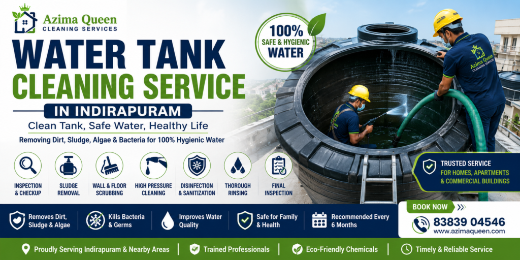Water Tank Cleaning in Indirapuram by Azima Queen using advanced cleaning equipment and eco-friendly disinfectants for hygienic water storage.
