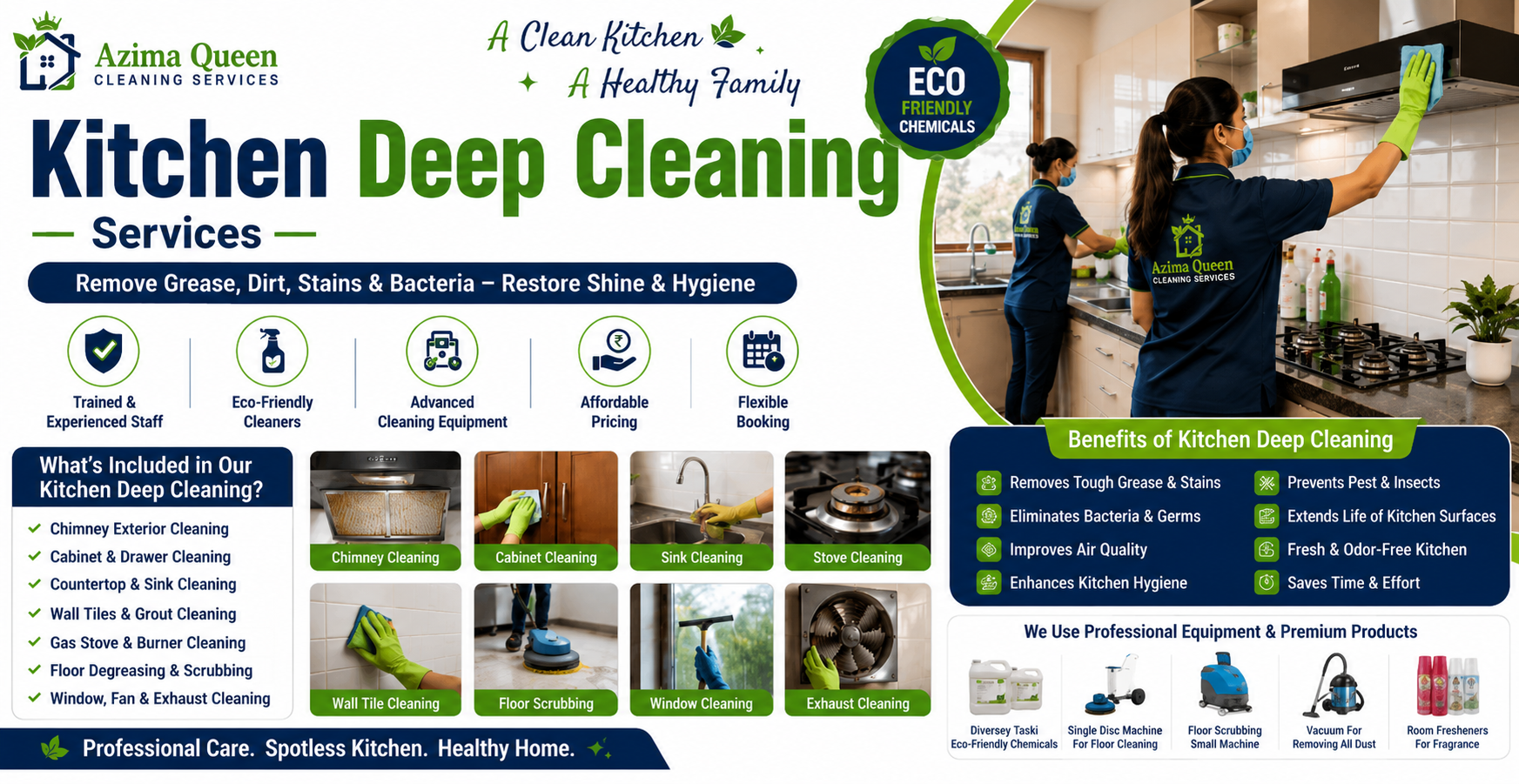 Kitchen Deep Cleaning by Azima Queen using eco-friendly chemicals and advanced cleaning equipment for grease, stain, and bacteria removal.