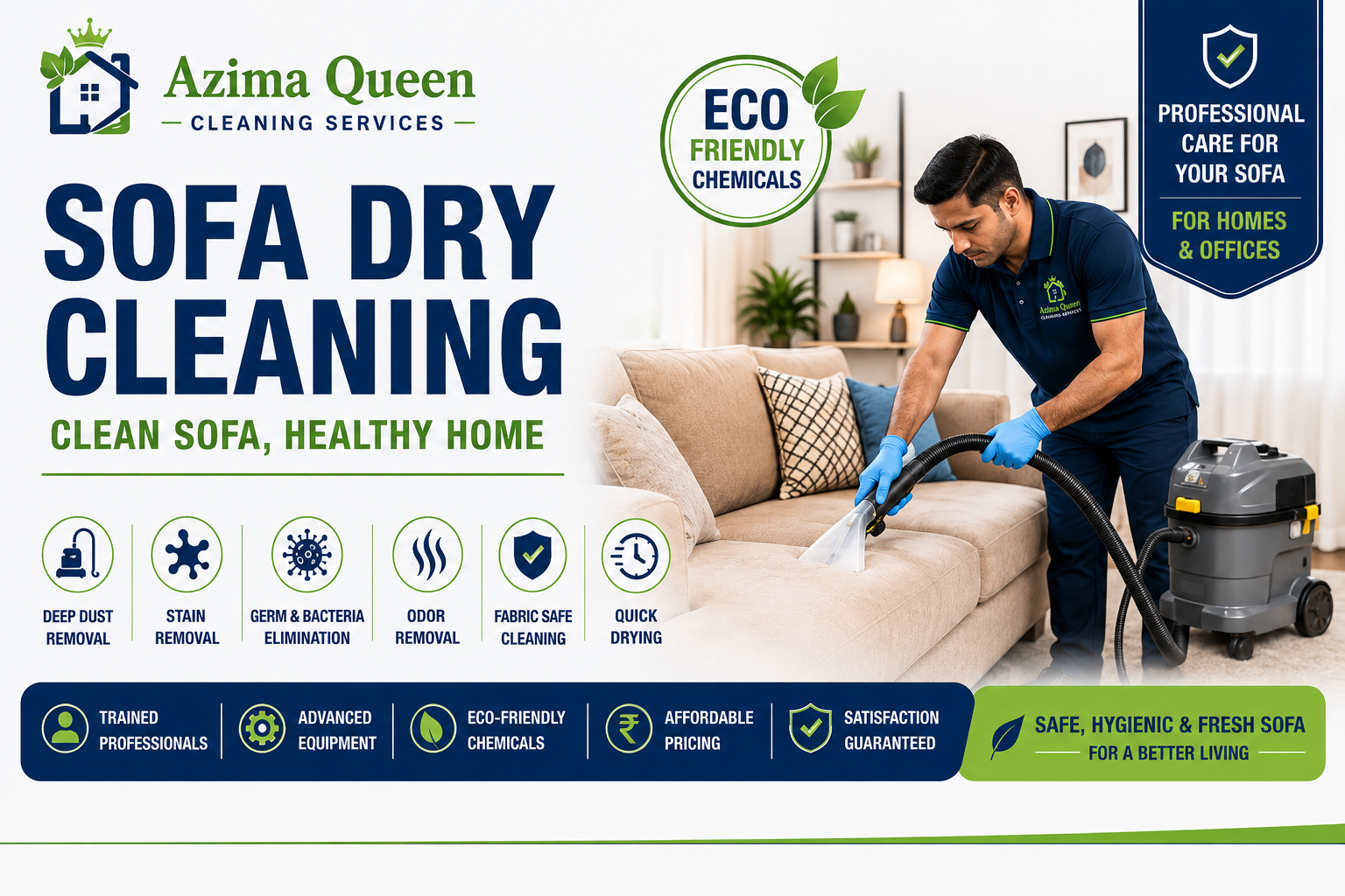 Sofa Dry Cleaning Service by Azima Queen using advanced upholstery cleaning machines and eco-friendly cleaning chemicals.