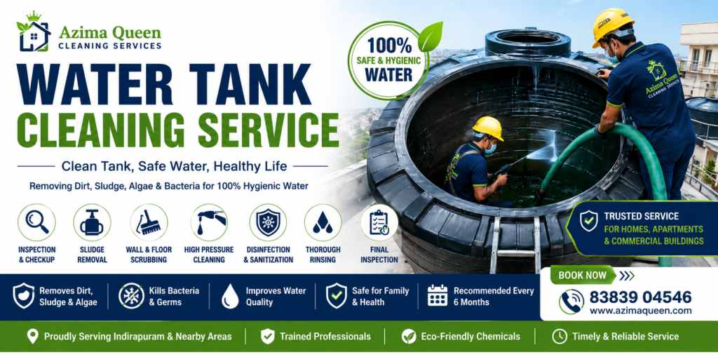 Water Tank Cleaning service by Azima Queen using advanced cleaning equipment and eco-friendly disinfectants for hygienic water storage.